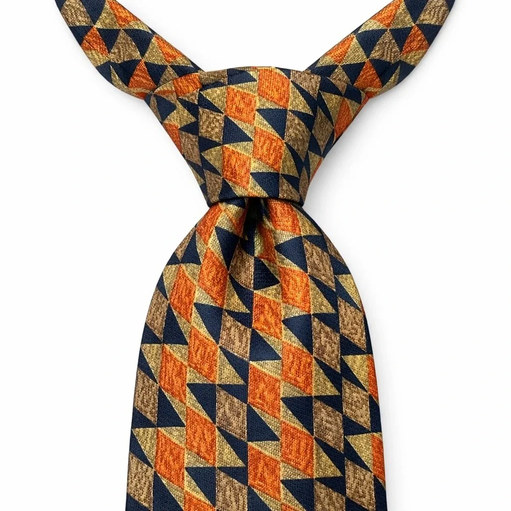 VTG Ermenegildo Zegna Silk Tie OS Orange Geometric Diamond Harlequin Made Italy‎
